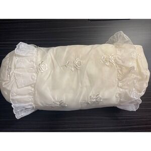 Vintage MCM White Satin Baby Blanket Embroidered Flowers Lace Ruffle Pillow USA